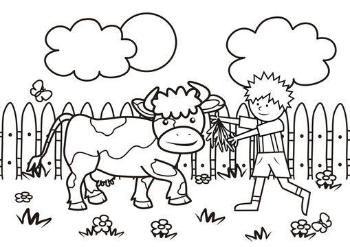 boy and cow on pasture, vector illustration, coloring book for children, black and white
