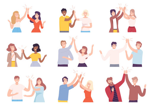 Happy People Characters Giving High Five To Each Other Vector Illustration Set