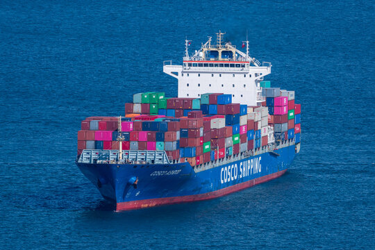 Singapore - June 2020: COSCO Container Ship at Singapore strait.