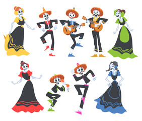 Skeletons in Mexican Traditional Costumes Dancing and Playing Music Instruments Set, Day of the Dead Cartoon Style Vector Illustration