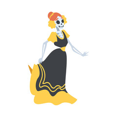 Woman Skeleton in Mexican Traditional Black and Yellow Dress Dancing, Dia de Muertos, Day of the Dead Cartoon Style Vector Illustration