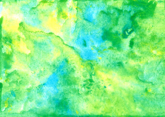 Fototapeta na wymiar Abstract fluid art background. Blue, cyan, yellow, green and white colors mix together. Beautiful creative print. Abstract art hand paint. Original artwork. Color splashing on paper. Cosmic texture