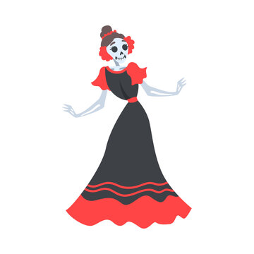 Woman Skeleton in Mexican Traditional Black and Red Dress Dancing, Dia de Muertos, Day of the Dead Cartoon Style Vector Illustration