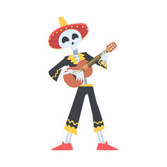 Fototapeta na wymiar Man Skeleton in Mexican Traditional Costume and Sombrero Hat Playing Guitar and Dancing, Dia de Muertos Cartoon Style Vector Illustration