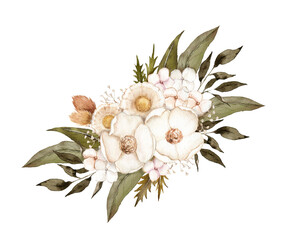 ナチュラルな白い花のブーケ　水彩イラスト