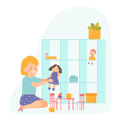 Little girl playing with her doll. Kindergarten. Vector illustration for banners, posters, postcard. Cartoon style character