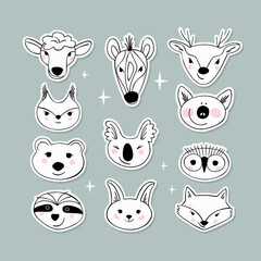 Simple animal portraits stickers - sloth, koala, pig, sheep, zebra, bear, squirrel, hare, fox, owl, deer. Simple drawings for the design of children's products. Flat Vector illustration.