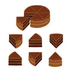 Pieces of chocolate cake. Infographic diagram set. The whole cake and its slice. Pie to separate. Isometric view vector illustration.