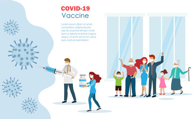Doctor holding covid-19 vaccine fighting coronavirus protecting all aged family. Idea for medical team effort and world hope for COVID-19 vaccine to save mankind lives.