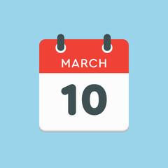 Icon day date 10 March, template calendar page