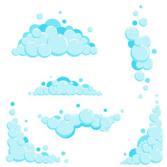 Fototapeta premium Cartoon soap foam set with bubbles. Light blue suds of bath, shampoo, shaving, mousse. Vector illustration