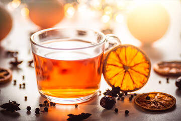 Glass cup of hot aromatic tea on white background with spices. Christmas tea with oranges on bokeh lights background. Christmas tea.
