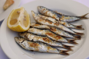 Malaga spits with lemon slice in macro scale. Sardines