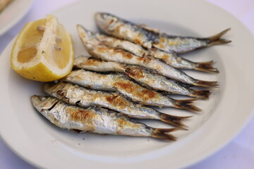 Malaga spits with lemon slice in macro scale. Sardines