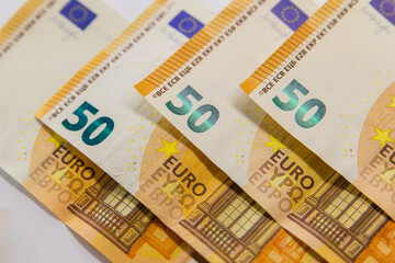 Banknote fifty euros. Concept of inflation, bankruptcy, currency exchange rate