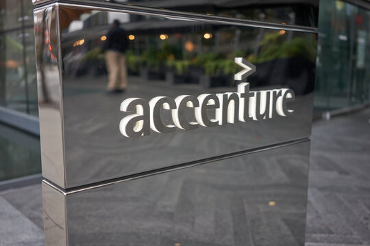Vancouver, BC, Canada - Oct 13, 2019: The entrance sign outside Accenture Vancouver Office on West Georgia Street.
