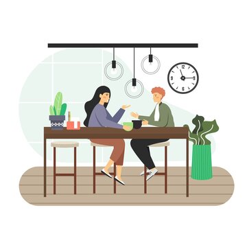 Coffee shop. Happy man and woman drinking coffee, talking to each other sitting at bar counter, flat vector illustration