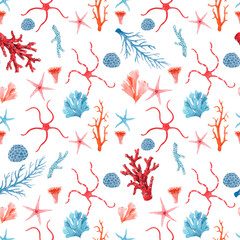 Beautiful vector seamless underwater pattern with watercolor starfish and corals. Stock illustration.