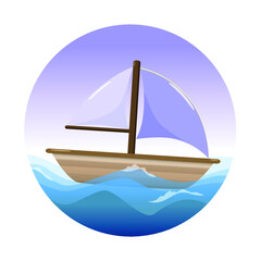 Boat with blue sails in the sea. Children's illustration