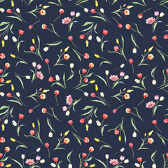 Beautiful vector seamless pattern with watercolor gentle blooming tulip flowers. Stock illustration.