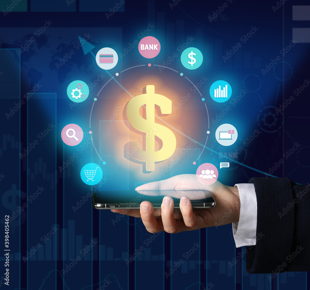 Poster bank manager with mobile phone using virtual screen on dark background