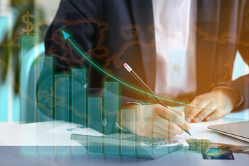 Double exposure of bank manager working in office and productivity statistics
