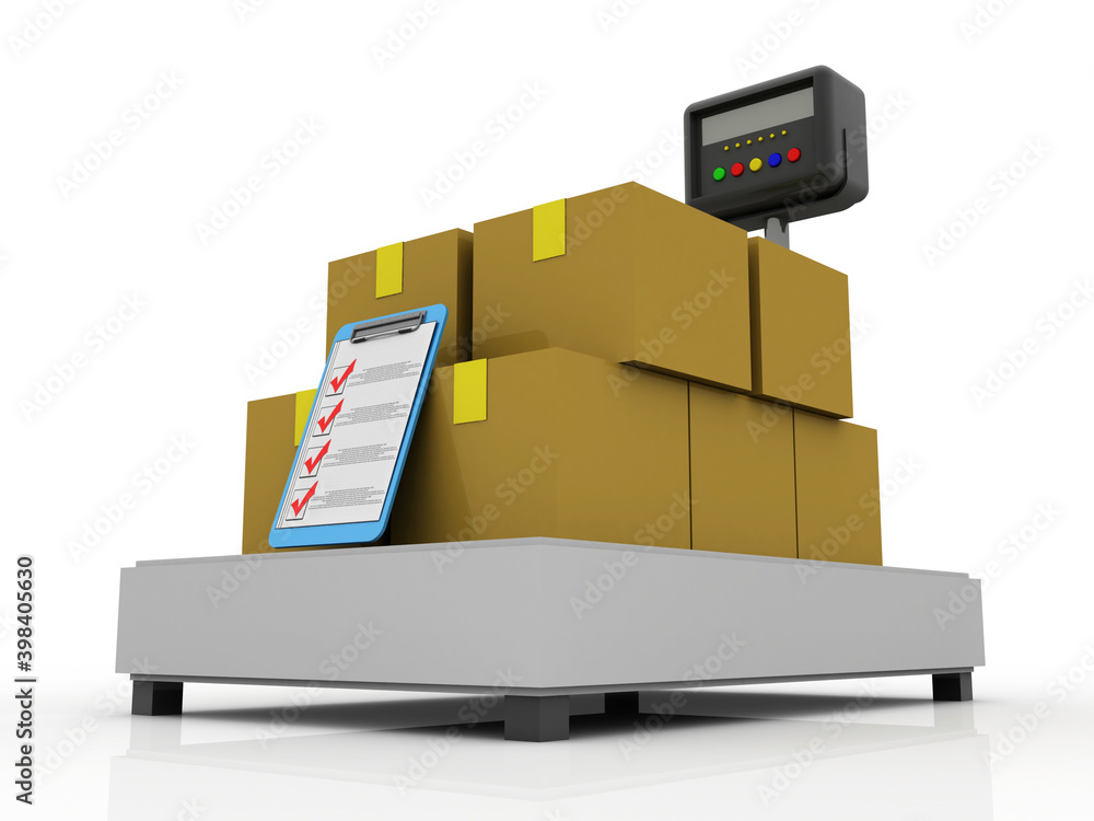 Poster 3d rendering cardboard boxes in trolly with document