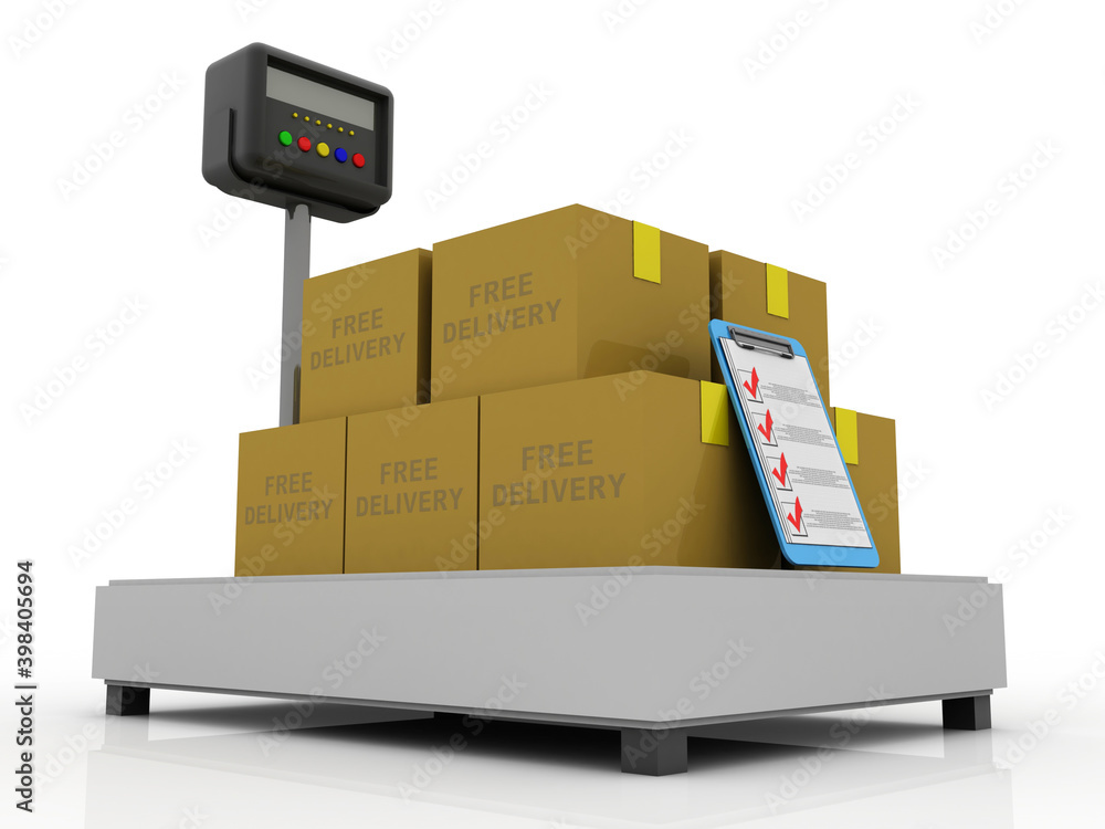 Poster 3d rendering cardboard boxes in trolly with document