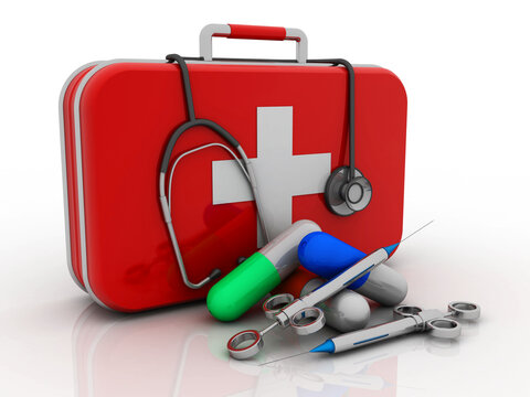3d rendering First aid kit with stethoscope near Syringe with pill