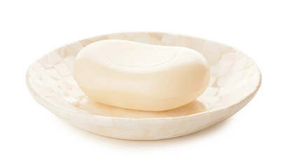Dish with soap on white background