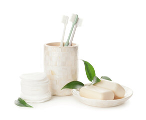 Bath accessories on white background