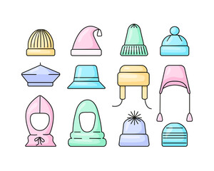 Set of hats in different style. Vector isolated colorful icon collection in flat style.