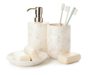 Bath accessories on white background