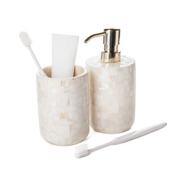 Bath accessories on white background