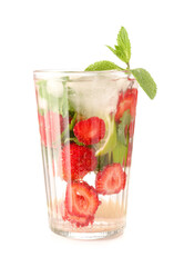 Glass of fresh strawberry mojito cocktail on white background