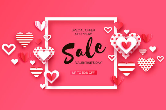 Happy Valentines Day. Super Sale poster template. February 14. Flying Love Hearts paper cut style. Romantic holiday. Square frame for text.