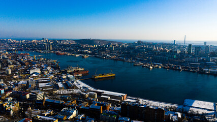 Winter view of vladivostok photographed on a drone