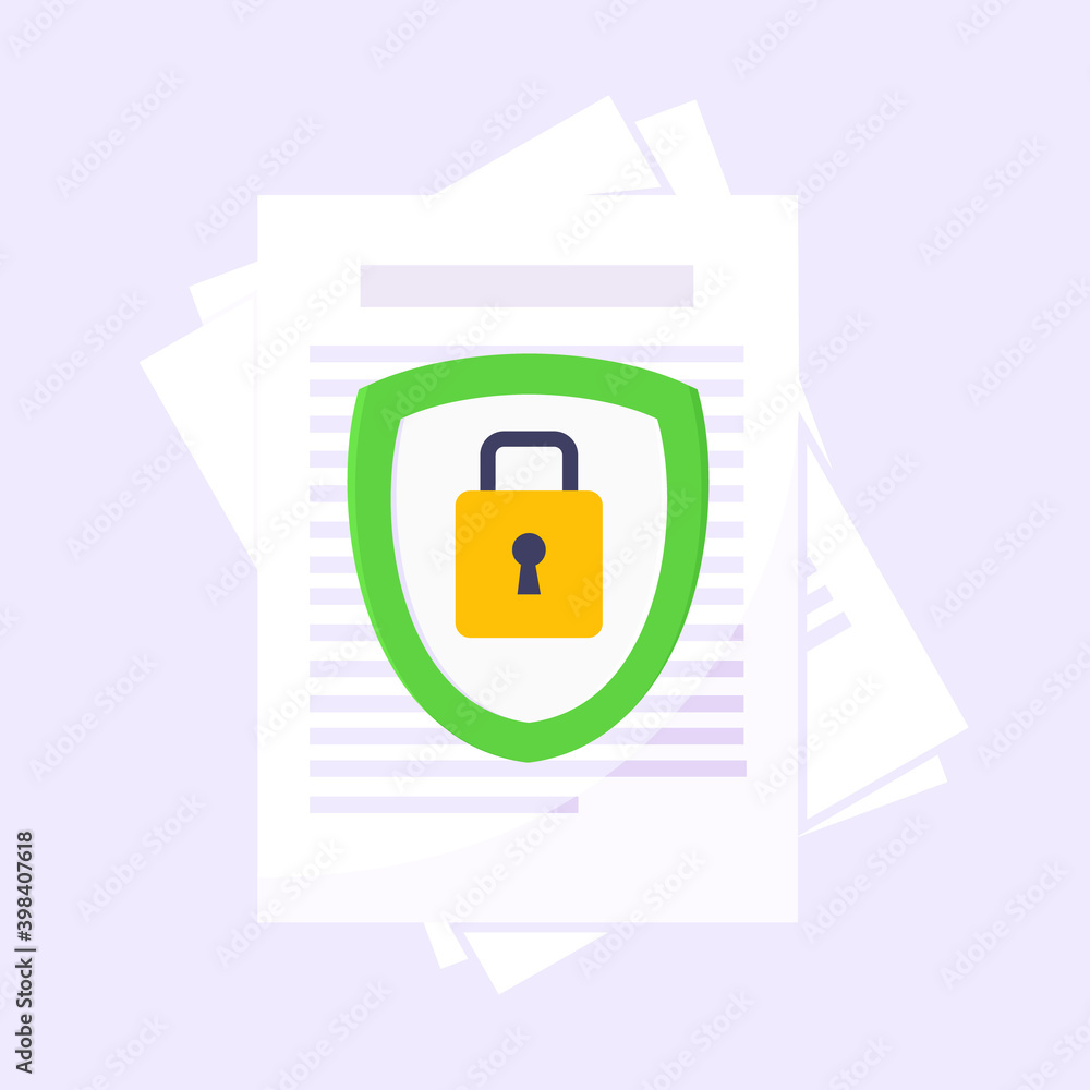 Wall mural privacy policy, safety lock and data protection metaphor. shield with padlock on the paper with pers