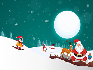 Cartoon Santa Claus With Reindeer, Snowman, Penguins On Full Moon Winter Landscape Background.