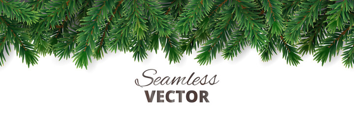 Christmas tree seamless border isolated on white. Evergreen tree branches. Fir tree festive frame. Realistic vector. For holiday headers, new year banners, winter season party posters. - obrazy, fototapety, plakaty