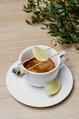 Espresso with lemon. Cafe menu. Gourmet drink.