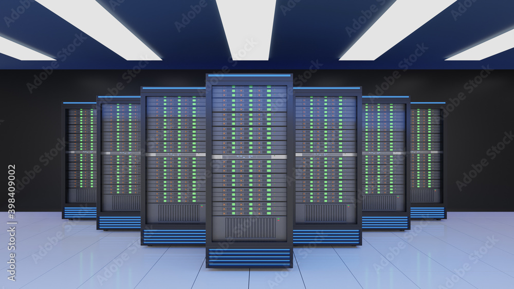 Poster server racks in computer network internet security server on dark background. blue theme color image