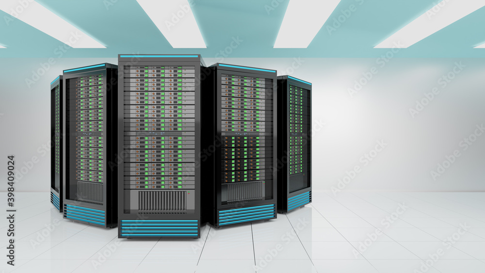Poster server racks in computer network internet security server on white background. light blue theme colo