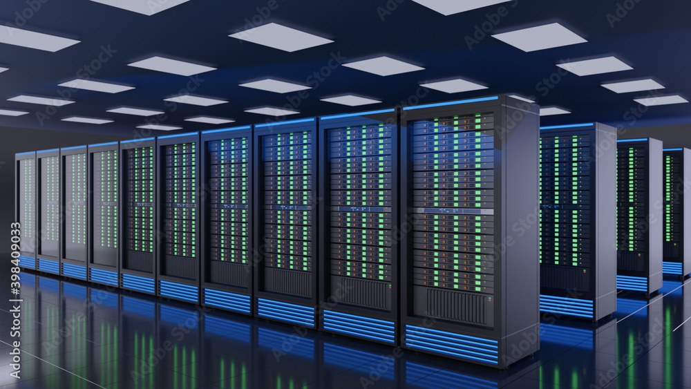 Poster row of server racks in computer network internet security server room data center. blue theme color 