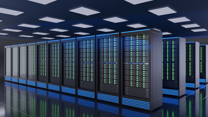 Row of server racks in computer network internet security server room data center. Blue theme color image. 3D rendering image
