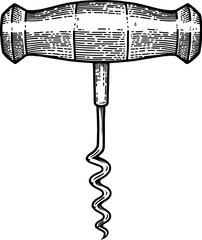 Illustration of corkscrew in engraving style. Design element for poster, card, banner, sign. Vector illustration