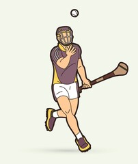 Hurling sport player action. Irish Hurley sport cartoon graphic vector.