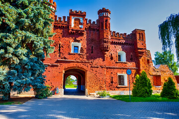 Belarus Travel Destinations. Main Outside Entrance of the Kholm Gates of Brest Fortress in Belarus. Horizontal Orientation - obrazy, fototapety, plakaty