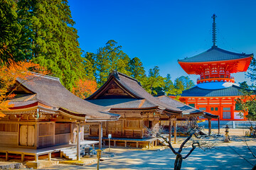 Asian Destinations. View of Danjo Garan Sacred Temple with Konpon Daito (Great pagoda) at Mount Koyasan in Japan. - obrazy, fototapety, plakaty
