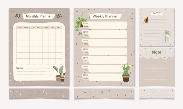 Set Of Minimal Planner Templet With Monthly, Weekly And Note Page Design Template